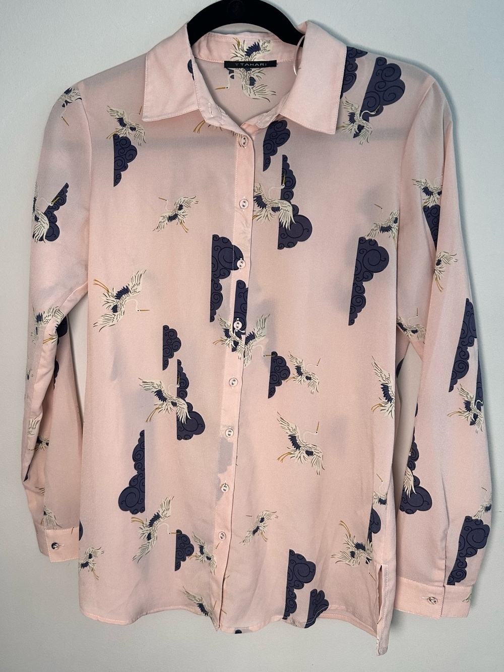 T Tahari Blush Crane Print Button Down Blouse Asian Coastal Chic Top Sz S